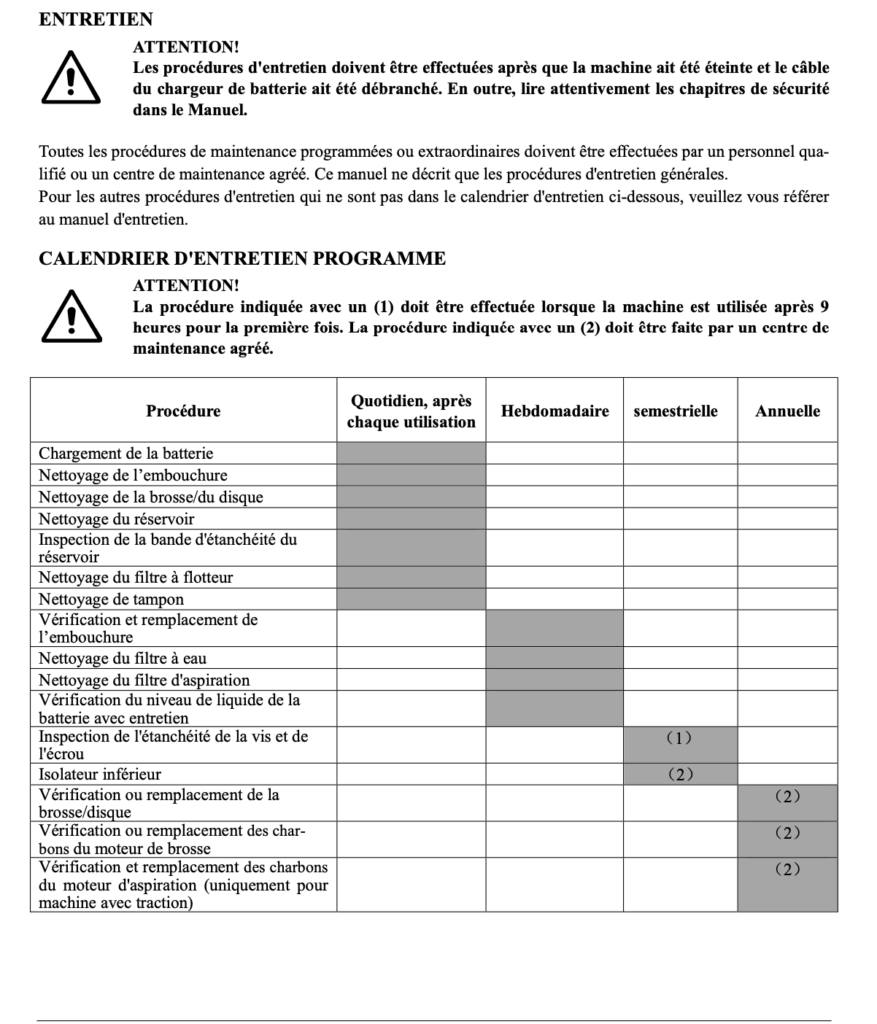 exemple de planning pour la maintenance d'autolaveuse